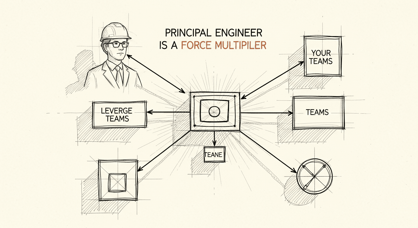 Sketch of principal engineer as force multiplier with leverage radiating to teams