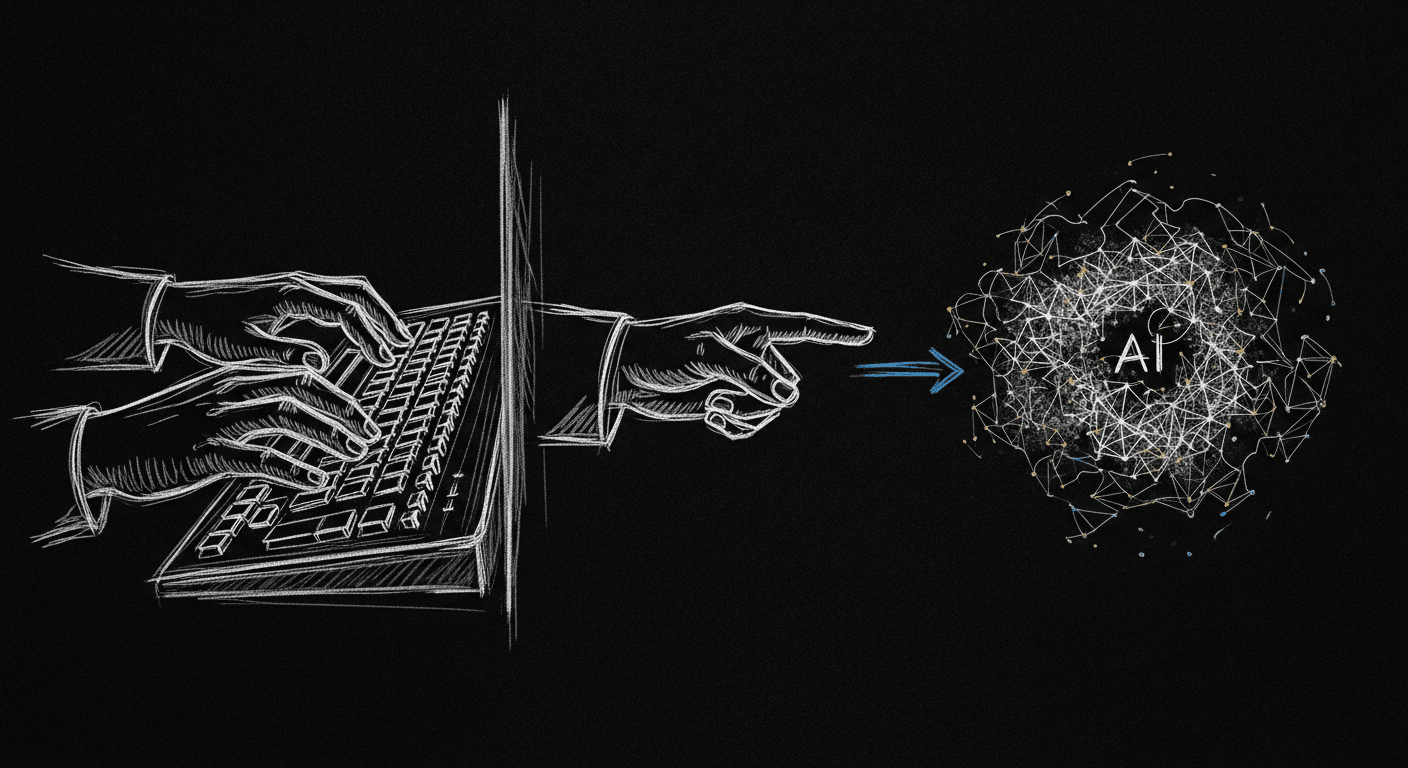 Sketch of engineer shifting from writing code to directing an AI system