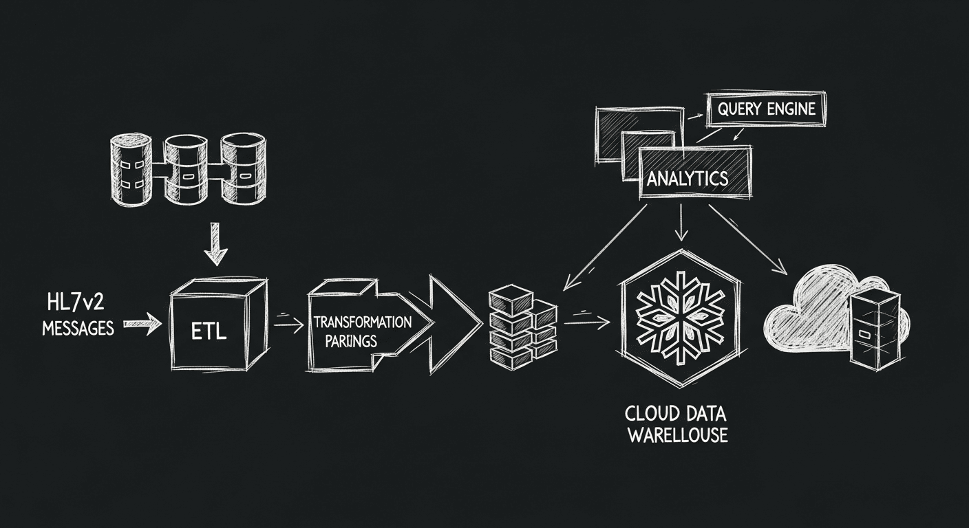 Schematic of HL7v2 MLLP message pipeline into a Snowflake data warehouse with ETL stages