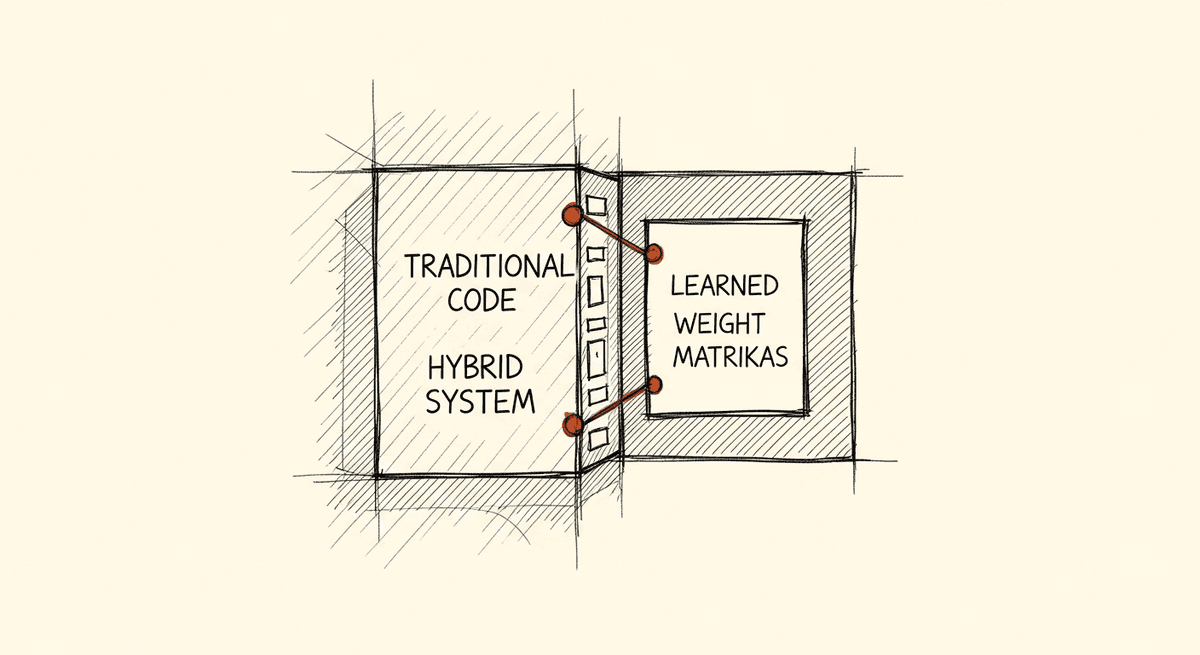 Sketch of traditional code and neural weights coexisting in a hybrid system
