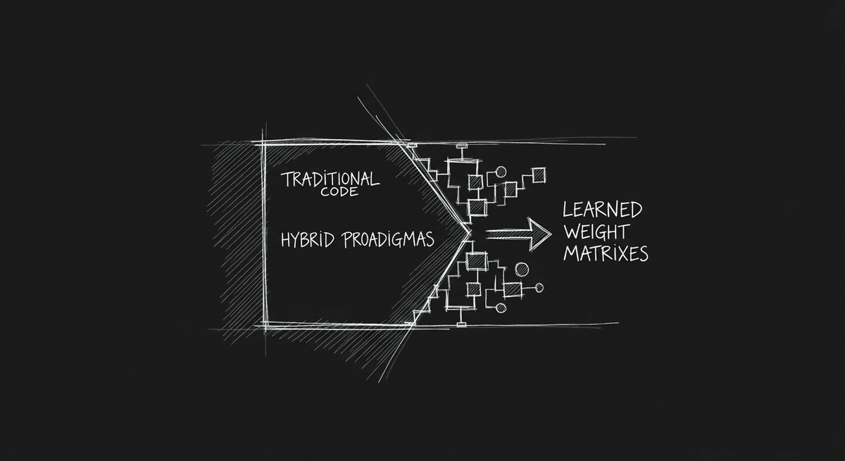 Sketch of traditional code and neural weights coexisting in a hybrid system