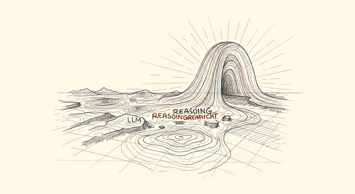 Sketch of LLM landscape as topographic map with reasoning breakthrough radiating out