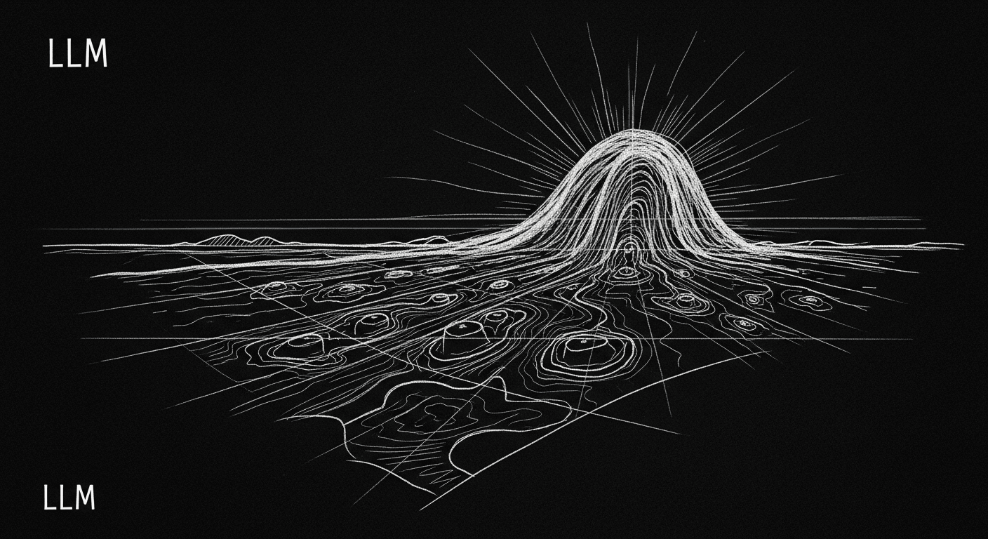 Sketch of LLM landscape as topographic map with reasoning breakthrough radiating out