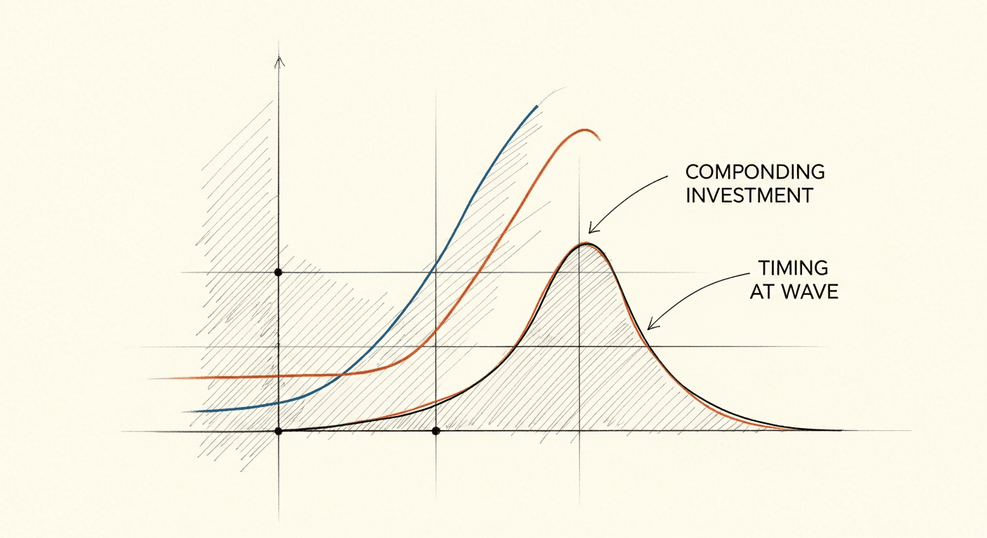 Sketch of compounding investment curve overlaid with timing wave