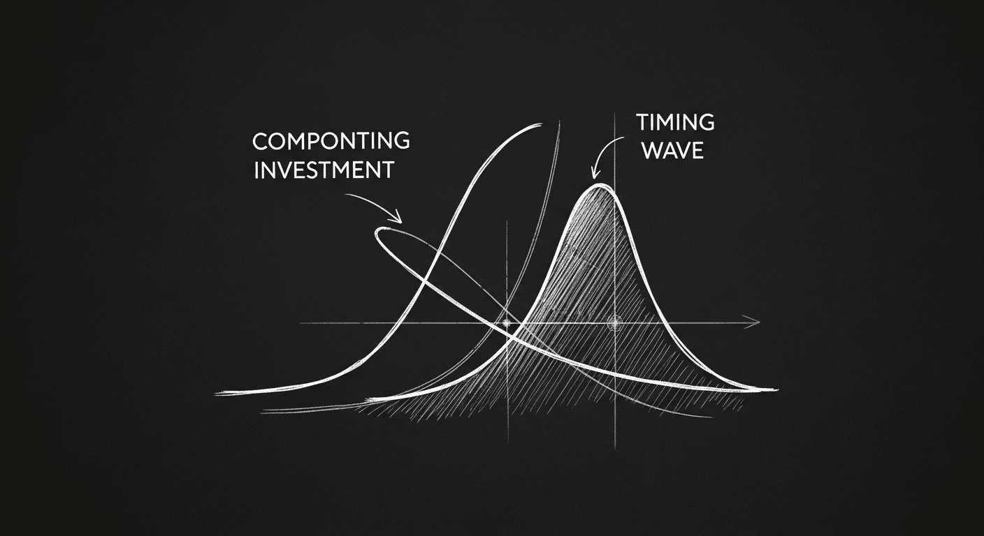 Sketch of compounding investment curve overlaid with timing wave