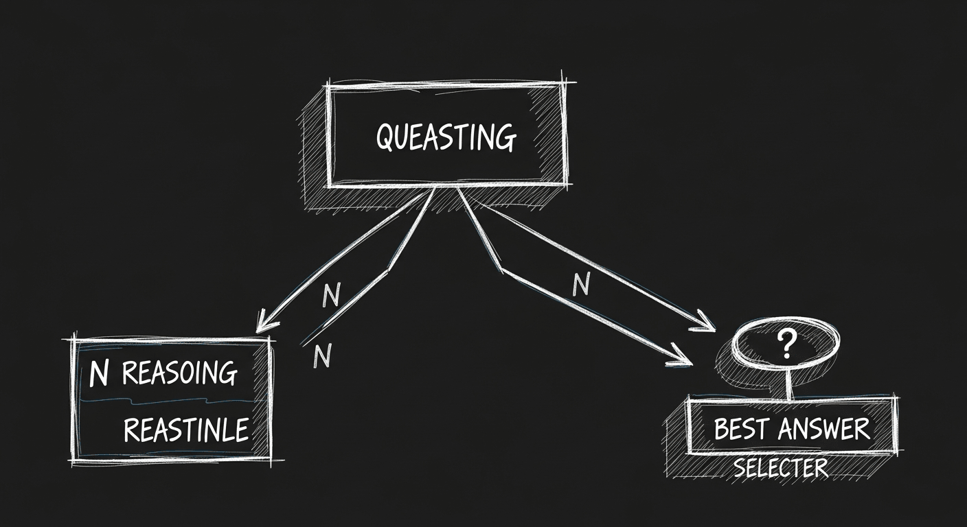 Sketch of inference-time reasoning with multiple paths explored before final answer